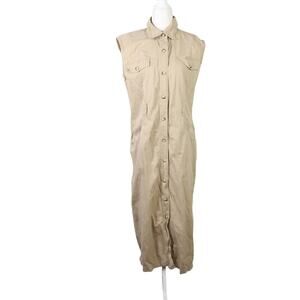 Vintage 90s Rafaella khaki tan button front sleeveless midi shirt dress 8